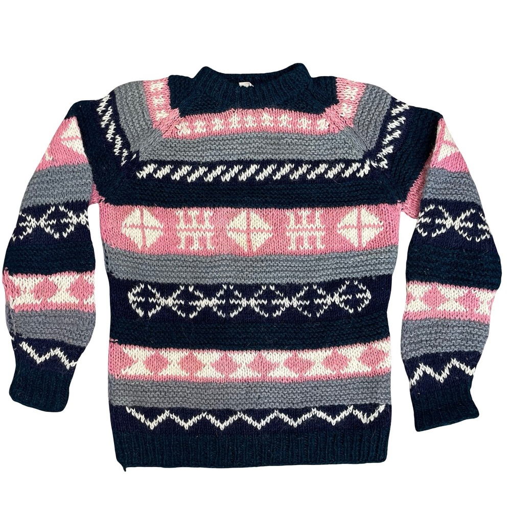 Vintage Handmade Nepal Wool‎ Sweater L Pink Gray Blue Fair Isle Chunky Knit